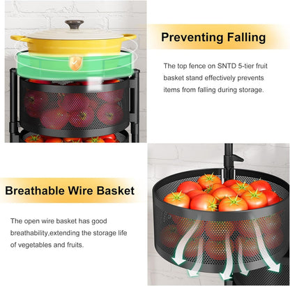5-Tier Fruit and Vegetable Basket Bowls for Kitchen, Rotating, Black | Metal Top Lid, Rolling Storage Rack Cart for Potato, Onion &Fruit, Large Wire Basket Organizer for Kitchen Counter, Pantry3
