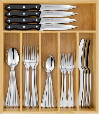 49-Piece Silverware Set with Bamboo Organizer,Flatware Utensil Set for 8 | Heavy-Duty Stainless Steel, Cutlery Set with Steak Knives, Rust-Proof, Dishwasher Safe1