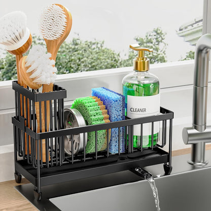 Sponge Holder for Kitchen Sink, Sink Organizer with Brush Holder | Kitchen Countertop Organizers and Storage Essentials, Rustproof 304 Stainless Steel (Black, 9.25″)1