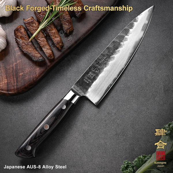 8 Inch Chef Knife, Japanese Chefs Knife Black Forged Kitchen Knife with AUS-8 Alloy Steel and Full Tang Pakkawood Handle, Christmas Gift with Premium Box2