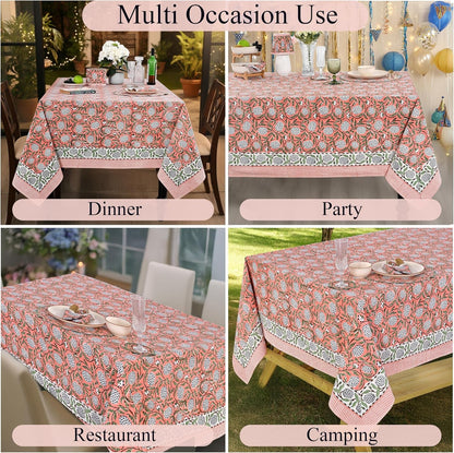 Dark Salmon Pink Hand Block Print Cotton Rectangle Tablecloth 60" X 60" Inches Reusable Table Cover Decorative Everyday Use for Dining Room, Farmhouse, Home Gift for Spring, Mother'S Day5