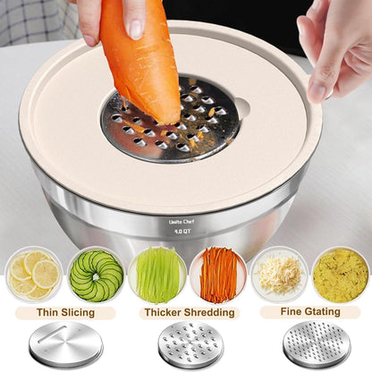 Mixing Bowls with Airtight Lids Set, 8PCS Stainless Steel Nesting Bowls with Grater Attachments, Non-Slip Bottoms, 5, 4, 3.5, 2, 1.5QT for Mixing & Serving8