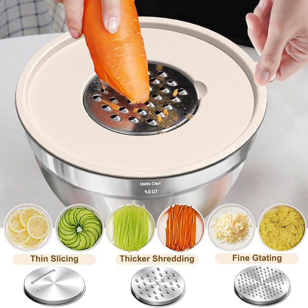 Mixing Bowls with Airtight Lids Set, 8PCS Stainless Steel Nesting Bowls with Grater Attachments, Non-Slip Bottoms, 5, 4, 3.5, 2, 1.5QT for Mixing & Serving8