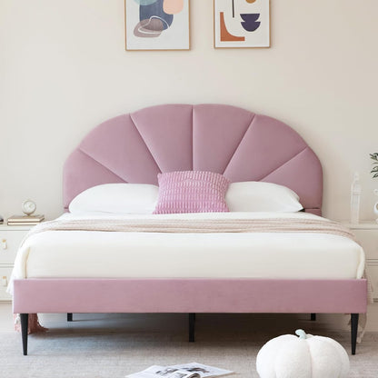 Pink Bed Frame Full Size, Aesthetic Upholstered Bed with Unique Seashell Headboard, Soft Velvet Platform Bed, Strong Wooden Slats Support, No Box Spring Needed, Heavy Duty, Easy to Assemble3
