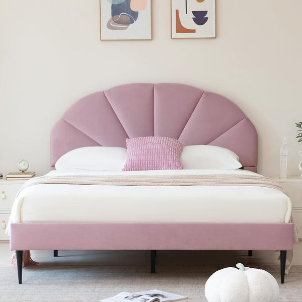 Pink Bed Frame Full Size, Aesthetic Upholstered Bed with Unique Seashell Headboard, Soft Velvet Platform Bed, Strong Wooden Slats Support, No Box Spring Needed, Heavy Duty, Easy to Assemble3