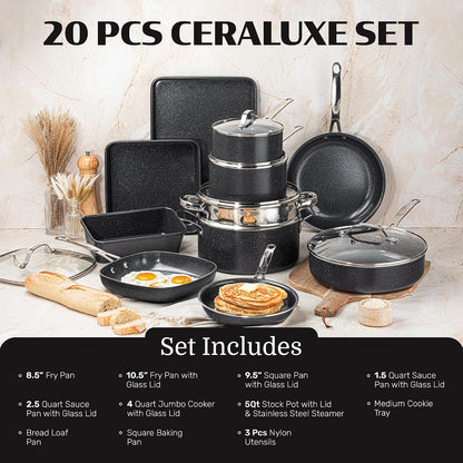 Ceraluxe 20Pc Pots and Pans Set Non Stick Ceramic Cookware Set | Bakeware & Utensils Included, Non Toxic PFOA/PTFE/PFOS Free Coating, Cool Touch Handles, Oven & Dishwasher Safe, Black2
