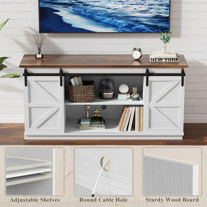 58" Farmhouse TV Stand for Tvs up to 65", Sliding Barn Doors, White | Entertainment Center, Storage Cabinets, Media Console for Living Room and Bedroom6