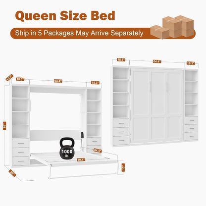 Queen Murphy Bed with 2 Bookcase, Space-Saving Wall Bed, White3