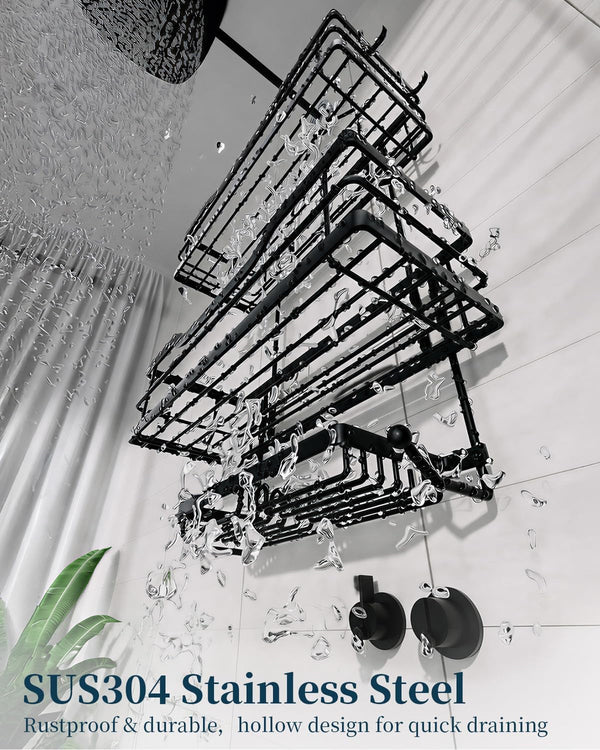 Shower Caddy Hanging - 3 Tier Bathroom Shower Organizer with Soap Holder, 6 Hooks, Heavy Duty Stainless Steel Storage Rack, Rustproof Fast Draining Shelves, Black5