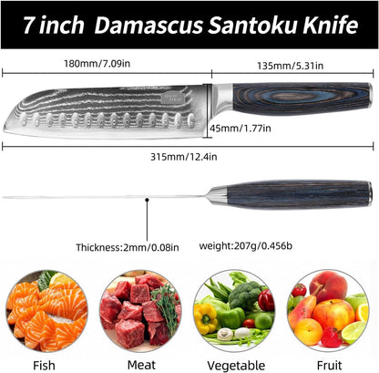 Damascus Santoku Knife, 7- Inch Kitchen Knives with 9Cr18Mov Steel Core, Japanese Kitchen Knife Cooking Meat Cleaver with Durable Wood Handle, Sharp Santoku Chef Knife for Home Use with Gift Box2