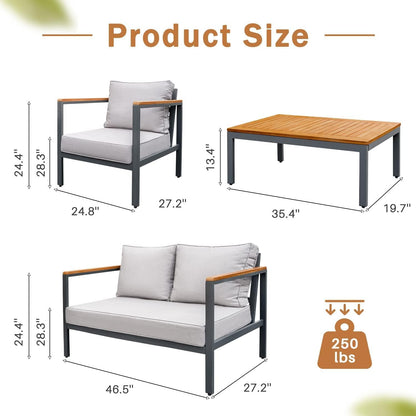 4 Piece Furniture Patio Lounge Conversation Set Solid Wood Armrest & Table Top Anti-Drop Thick Waterproof Cushion, Light Gray4