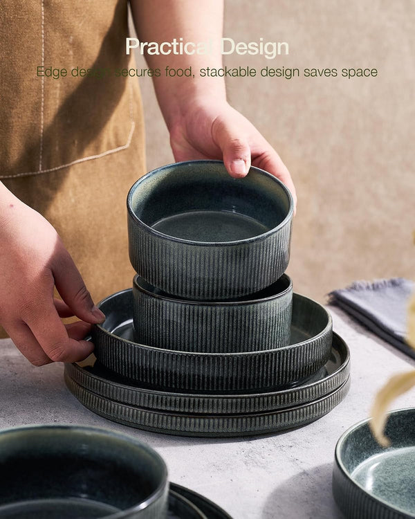 Star Stoneware Dinnerware Set, Reactive Glaze Plates & Bowls for 46