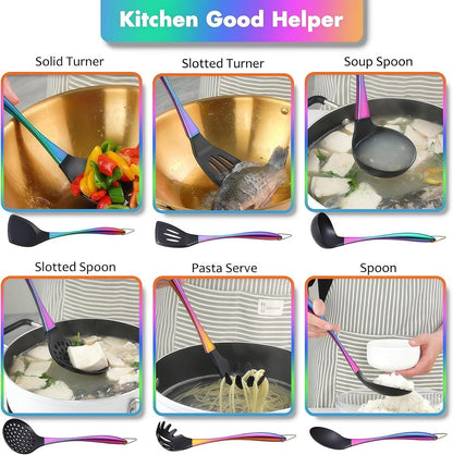 Silicone Cooking Utensils Set, 17Pcs Kitchen Utensil Set with Rotatable Holder, Heat-Resistant Silicone Utensils for Cooking, Non-Stick Spatula Set with Stainless Steel Handle,Turner,Ladle (Rainbow)6