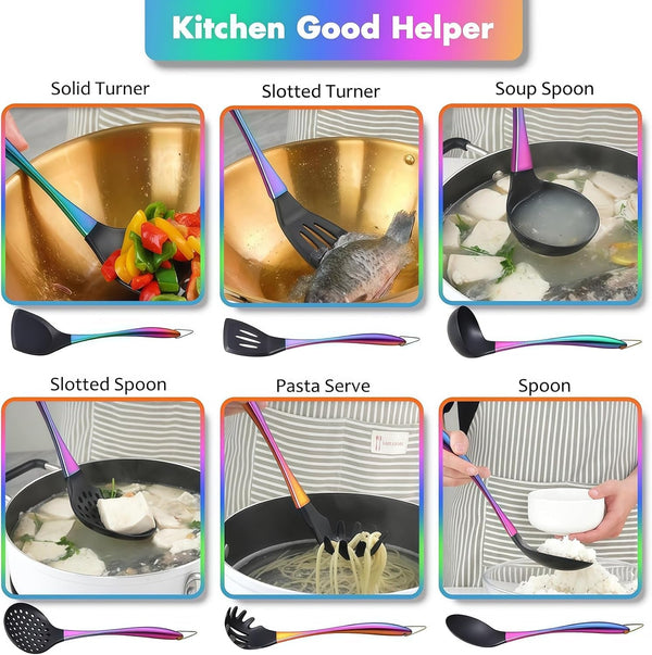 Silicone Cooking Utensils Set, 17Pcs Kitchen Utensil Set with Rotatable Holder, Heat-Resistant Silicone Utensils for Cooking, Non-Stick Spatula Set with Stainless Steel Handle,Turner,Ladle (Rainbow)6