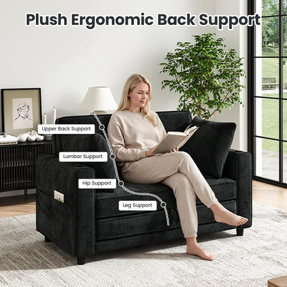 Convertible Sofa Bed, Loveseat Folding Floor Futon Sleeper Sofa, Pull Out Sofa Bed, Chenille Foldable Couch with Pillows, Cup Holders, Side Storage Pockets Living Room, Bedroom, Guest Room,Beige3