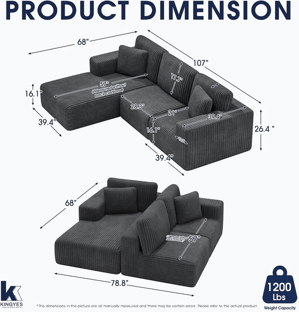 107'' Modular Sectional Sofa, L Shaped Cloud Couch for Living Room, Modern Plush Corduroy Boneless Sofa with Chaise for Bedroom, Gray3