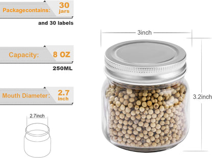 Mason Jars 8 Oz 30 Pack Small Glass Caning Jars with Silver Lids | 1/4 Quart Canning Jars Regular Mouth with 20 Labels,1 Pen.For Food Storage,Meal Prep,Jelly,Jam,Honey,Pickles,Spice Glass Jars4