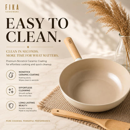FIKA 10-Inch Nonstick Ceramic Coated Flat Bottom Wok Pan with Natural Wooden Handle, Induction Compatible, Deep Stir Fry Cooking Pan, Made in Korea (26Cm)8