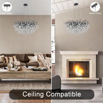 Chandeliers for Dining Room - 23.6" Modern Black Crystal Chandelier, round Tree Branch Raindrop Chandelier, Foyer Chandeliers for Entryway, Living Room,Bedrooms,Bathroom(Bulb Not Included)8