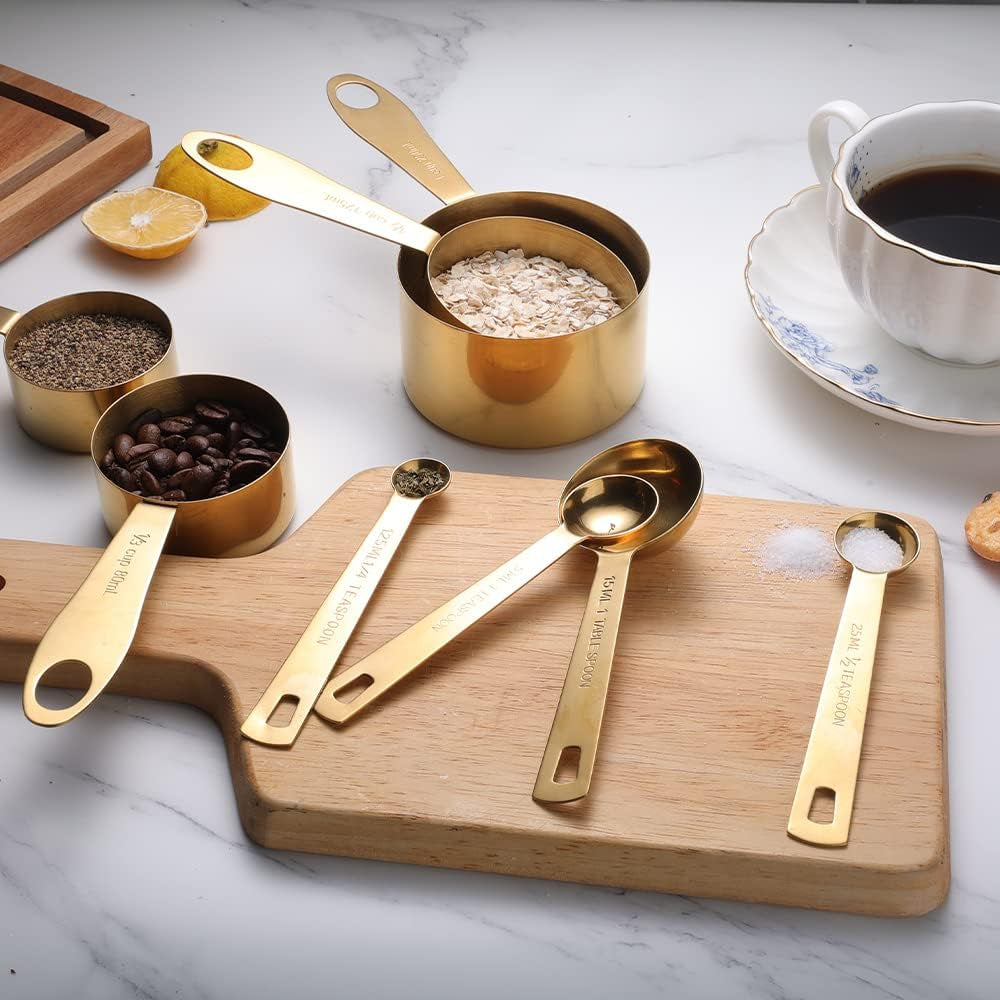 9pcs-304-stainless-steel-measuring-cups-spoons-stackable-long-handle-fits-narrow-jars-golden-finish-metric-us-measures-for-dry-liquid-ingredients-rust-proof-for-baking-cooking