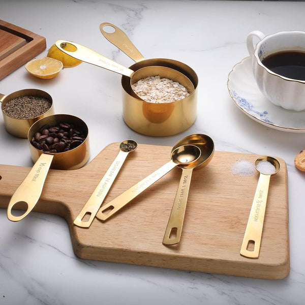 9Pcs 304 Stainless Steel Measuring Cups & Spoons, Stackable Long Handle Fits Narrow Jars, Golden Finish, Metric & US Measures for Dry/Liquid Ingredients, Rust-Proof for Baking & Cooking6