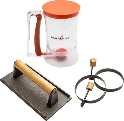 Blackstone 1543 Outdoor Griddle Breakfast Preparation Kit with Pancake Batter Dispenser, Cast Iron Bacon Press, and 2 Non Stick Steel Egg Rings | Batter Dispenser, Bacon Press, Two Egg Rings1