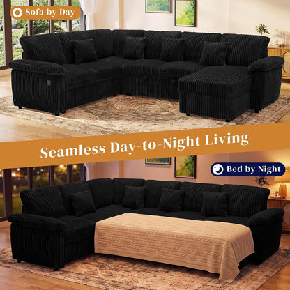 Modular Sectional Sleeper Sofa with Pull Out Bed, 104" U Shaped 7 Seat Cloud Sectional Couches for Living Room, Comfy Corduroy Couch Sofa Bed with Storage Chaise, USB Charging, Black6