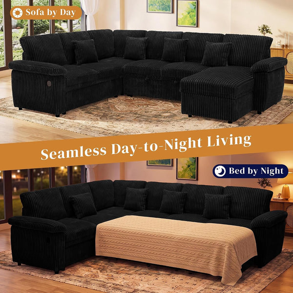 Modular Sectional Sleeper Sofa with Pull Out Bed, 104" U Shaped 7 Seat Cloud Sectional Couches for Living Room, Comfy Corduroy Couch Sofa Bed with Storage Chaise, USB Charging, Black6