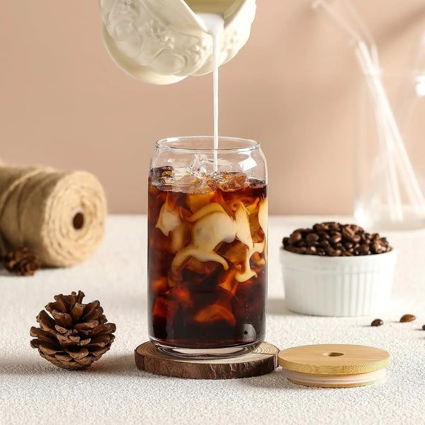 [ 12Pcs Set ] Glass Cups with Bamboo Lids and Glass Straw - Beer Shaped Drinking Glasses, 16 Oz Iced Coffee Glasses, Cute Tumbler Cup for Smoothie, Boba Tea, Whiskey, Water - 4 Cleaning Brushes7