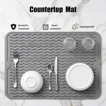 Silicone Dish Drying Mat, Grey, 16"×12" | Quick-Dry Ridges, Heat-Resistant Trivet to 450°F, Non-Slip & Dishwasher Safe, Roll-Up Storage, 18 Colors & 9 Sizes Available4