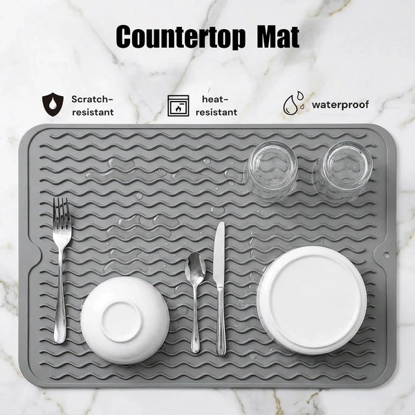 Silicone Dish Drying Mat, Grey, 16"×12" | Quick-Dry Ridges, Heat-Resistant Trivet to 450°F, Non-Slip & Dishwasher Safe, Roll-Up Storage, 18 Colors & 9 Sizes Available4