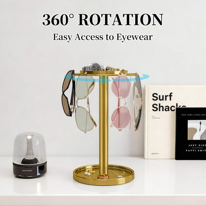 360° Rotating Sunglasses Organizer, Glasses Holder with Organizer Tray | Stainless Steel Eyeglasses Holder with Storage Base for Dresser, Desk Table, Nightstand & Home Decor, Gold2