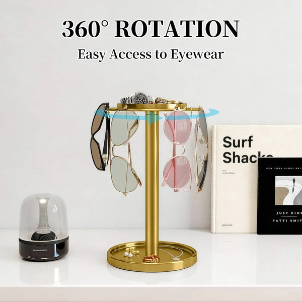 360° Rotating Sunglasses Organizer, Glasses Holder with Organizer Tray | Stainless Steel Eyeglasses Holder with Storage Base for Dresser, Desk Table, Nightstand & Home Decor, Gold2