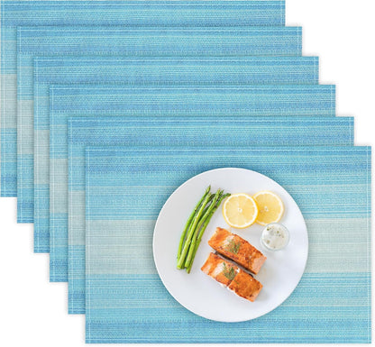 Blue Placemats Set of 6, Linen Woven Place Mats for Kitchen Table Indoor/Outdoor, 12" X 18" Washable Gradient Blue Placemat Dining Table Mats1