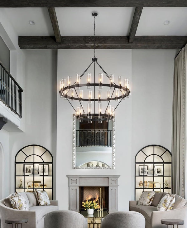 Large Black Chandelier, 30 Light Wagon Wheel Chandelier with Glass Shade,60 Inch round Industrial High Ceilings Pendant Lighting Fixture for Dining Living Room, Kitchen Island, Foyer6