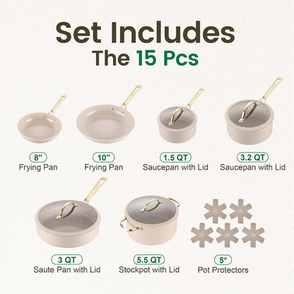 Ceramic Cookware Sets, 15Pcs Pots and Pans Set Non Stick, Cookware Set with Stainless Steel Handle, Dishwasher & Oven Safe, Taupe and Light Gold Handle2