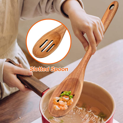 14" Long Teak Wood Utensils Set for Cooking Spatula Non Toxic Wooden Spoons4