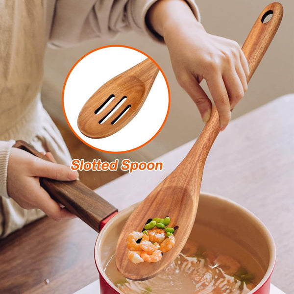 14" Long Teak Wood Utensils Set for Cooking Spatula Non Toxic Wooden Spoons4