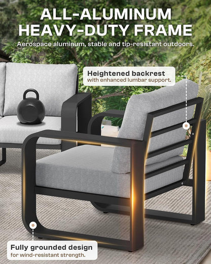 Oversized Aluminum Outdoor Furniture Set, Extra Large Patio Furniture Sofa Set 4.8” Widened Armrest & Ultra-Thick Cushions, 5 Pcs Modern Patio Sectional for Backyard, Porch, Gray5