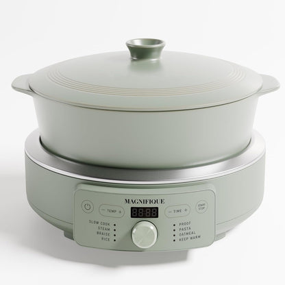 4.5 Quart Slow Cooker, 8-In-1 Casserole Programmable round Multi-Cooker, Non-Toxic Clay Pot Slow Cooker for Rice, Pasta, Steam & Proof, Oven Safe Pot to 500°F, Olive1