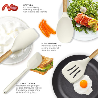 Silicone Cooking Utensils Set - 446°F Heat Resistant Silicone Kitchen Utensils for Cooking,Kitchen Utensil Spatula Set W Wooden Handles, BPA FREE Gadgets for Non-Stick Cookware (Khaki)3