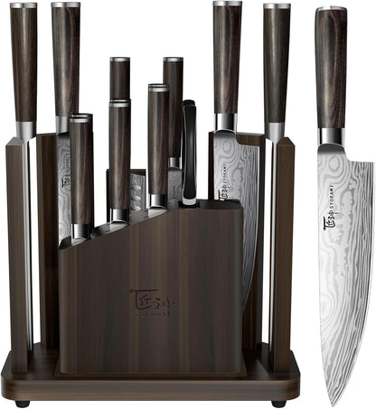 15-Piece Kitchen Knife Set with Magnetic Block, New for 2026 | Detachable Steak Knife Block for Table Service, Built-In Sharpener, Wood Handle, Damascus Pattern, Housewarming Gifts1