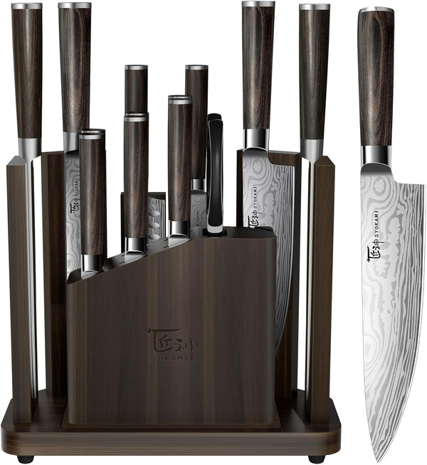 15-Piece Kitchen Knife Set with Magnetic Block, New for 2026 | Detachable Steak Knife Block for Table Service, Built-In Sharpener, Wood Handle, Damascus Pattern, Housewarming Gifts1