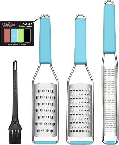 Cheese Grater Citrus Zester Lemon Zester Pack of 3-304 Stainless Steel - a Sharp Tool for Parmesan Cheese, Ginger, Garlic, Nutmeg, Chocolate, Vegetables，Fruits，Dishwasher Safe Blue1