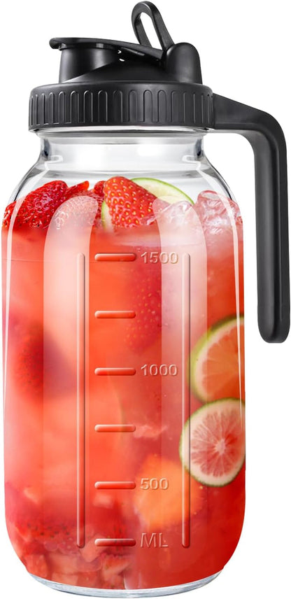 64Oz Mason Jar Pitcher, Airtight & Leakproof Glass Pitcher with Lid | 2 Quart (64 Oz) Mason Jar with Pour Spout Lid and Handle, Perfect for Breastmilk, Sun Tea, Iced Tea, Cold Brew, Juice1
