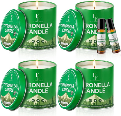 Citronella Candles Outdoor, Indoor Lemongrass Scented Candles with Citronella Essential Oil Roll On, Natural Soy Wax Jar Candle for outside Camping Patio, 200-Hour Burn Time, 9 Oz (4 Pack)1