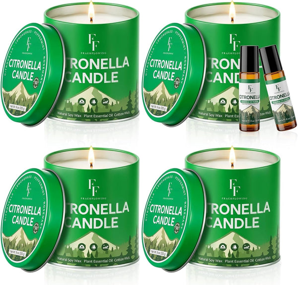 Citronella Candles Outdoor, Indoor Lemongrass Scented Candles with Citronella Essential Oil Roll On, Natural Soy Wax Jar Candle for outside Camping Patio, 200-Hour Burn Time, 9 Oz (4 Pack)1