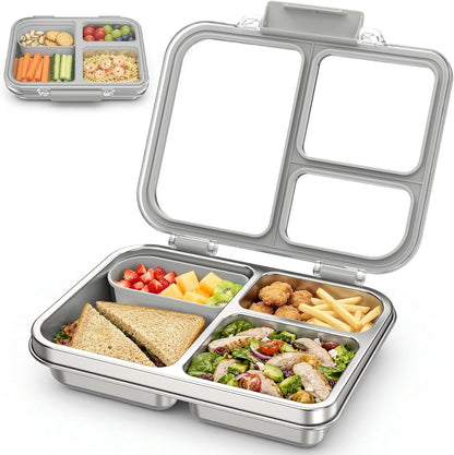 Stainless Steel Bento Box for Kids, 3-Compartment Metal Lunch Box with Clear Lid & Removable Silicone, Lunch Box Kids with Silicone Inner Container for Meal Prep, School, Office (Grey)1