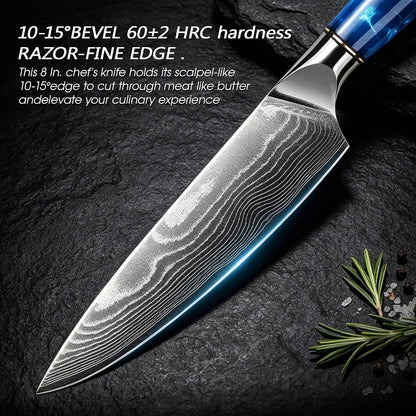 Damascus High Carbon Chefs Knife Ergonomic Handle(8In,Blueresin)5