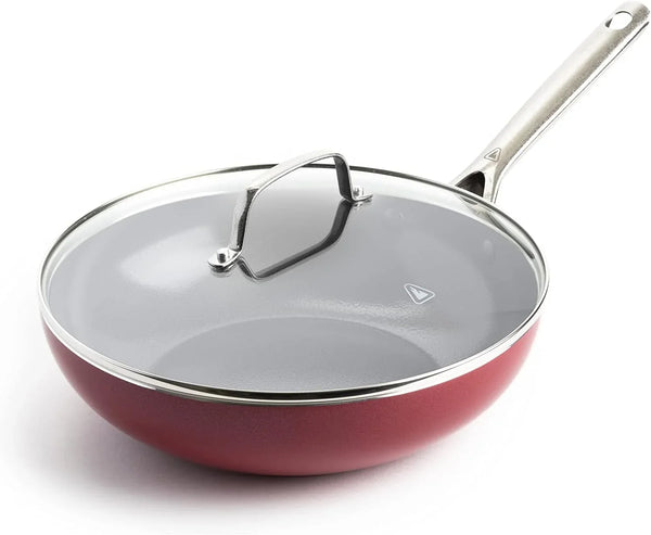 Textured Ceramic Nonstick, 11" Flat Bottom Wok Stir-Fry Pan with Lid for High Heat Cooking, Oven & Broiler Safe to 600 Degrees, Dishwasher Safe, PFAS PFOA & PTFE Free, Red1